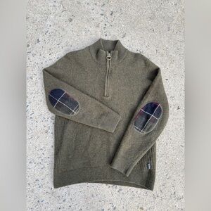Barbour Holden Half Zip Wool Elbow Plaid Patch Sweater